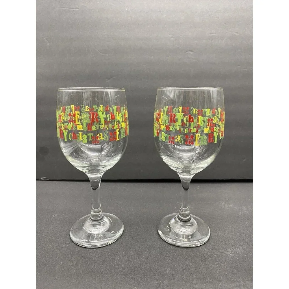 VTG Y2K Merry Christmas Libbey Wine Glasses Lot of 2 Holiday Barware‎ Red Green